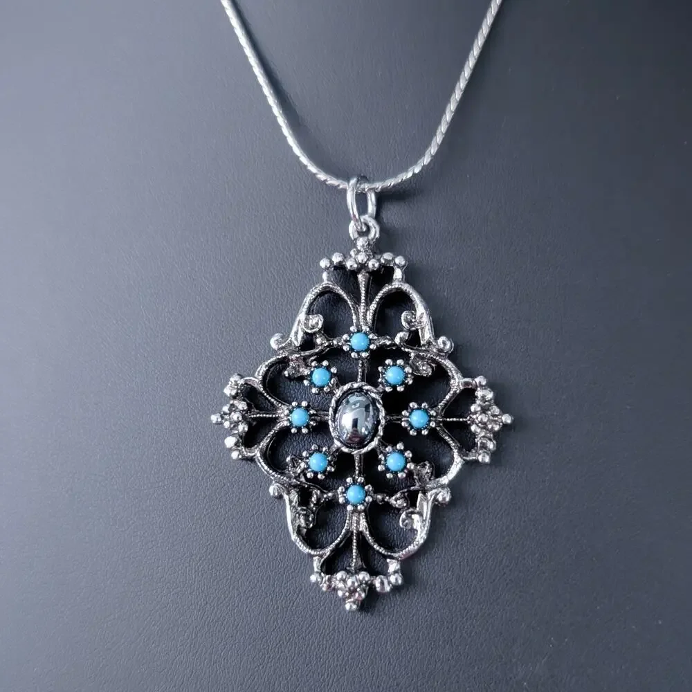 Vintage Avon Mirabella Necklace 1974 Silver Tone Faux, Turquoise & Hematite 24"